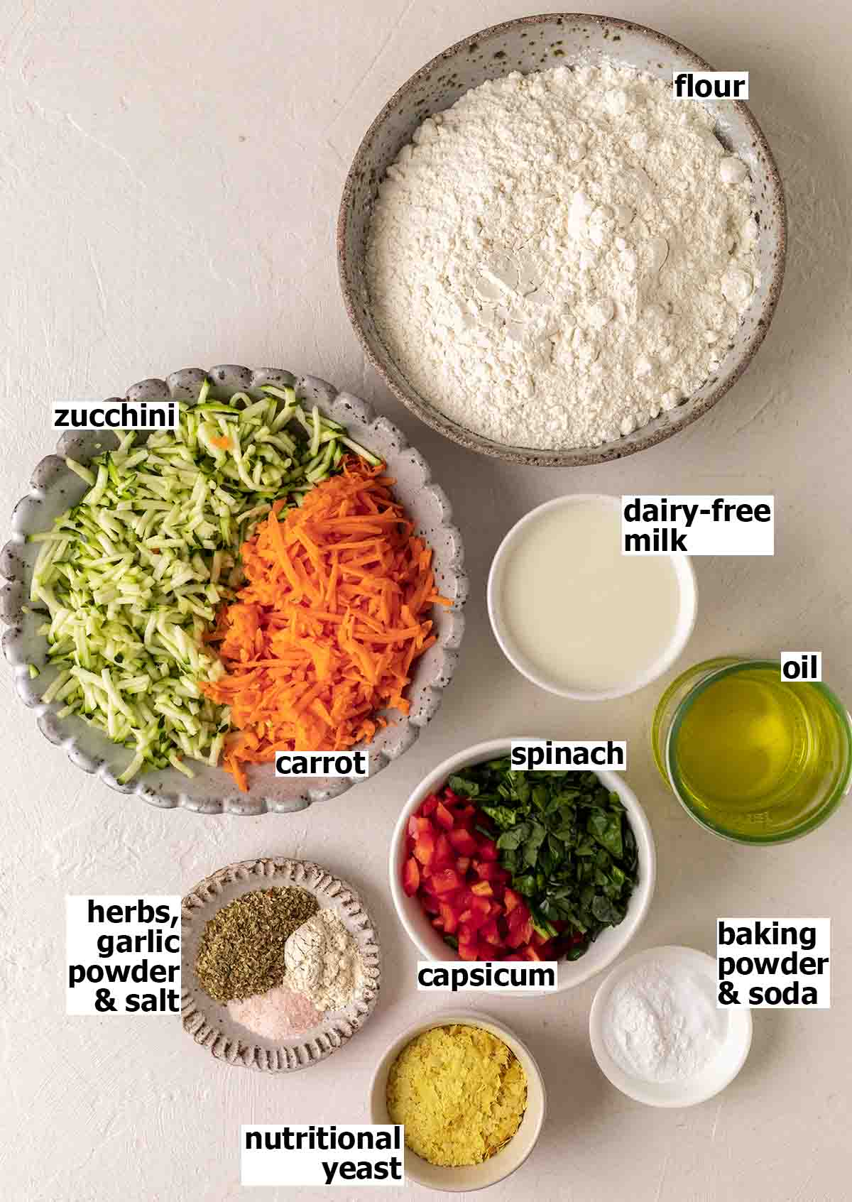 Flat-lay of ingredients for savoury muffins.