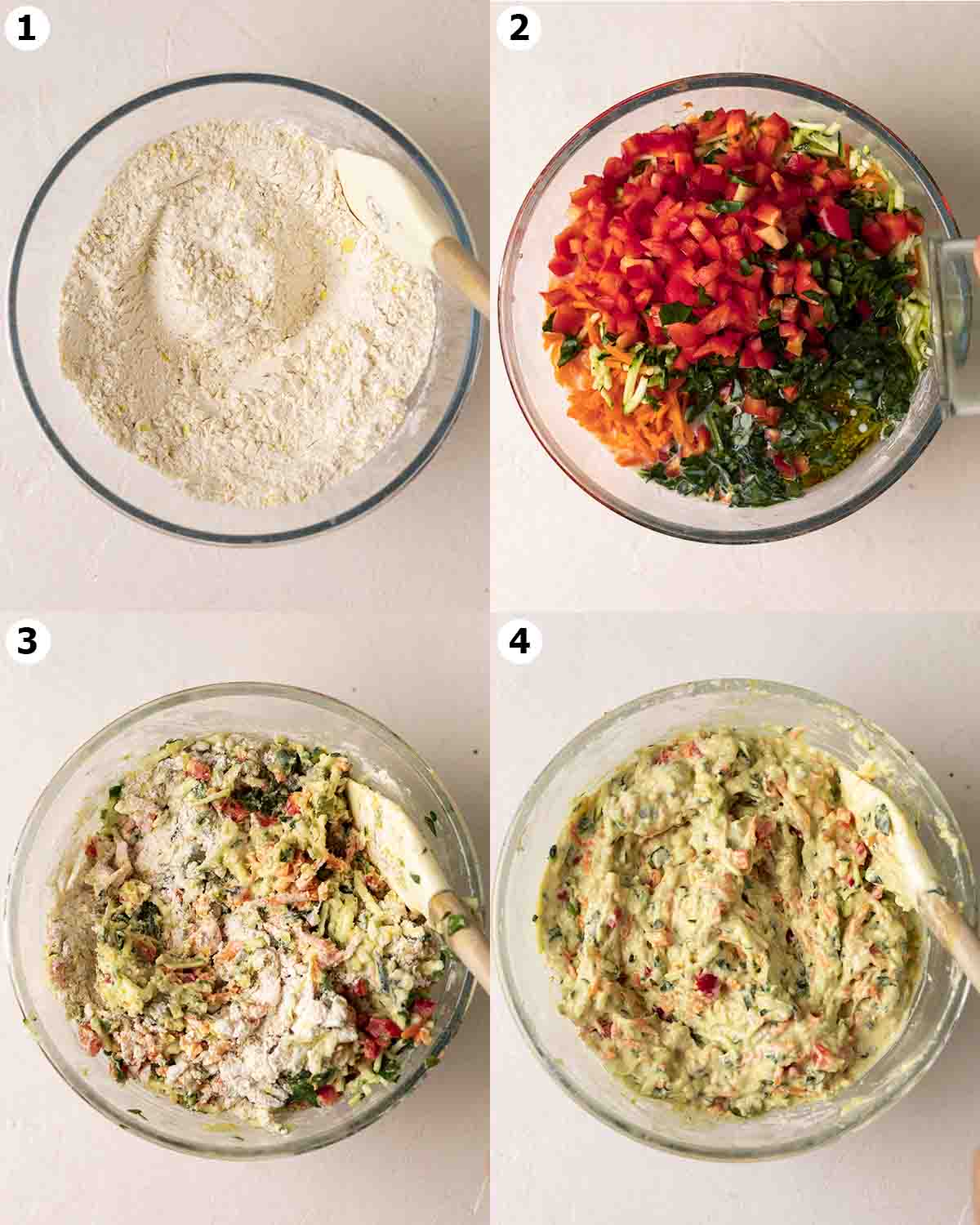 Four image collage of how to make savoury muffin batter in one bowl.