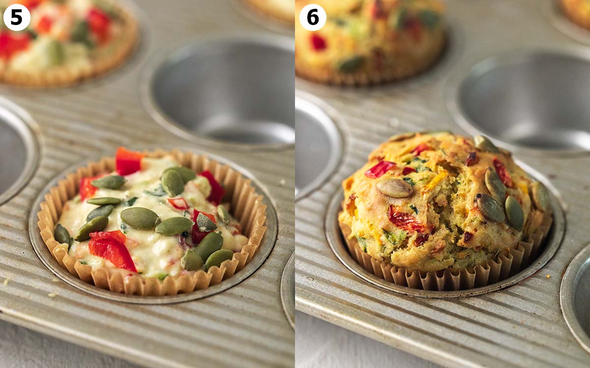 Two image collage showing before and after muffins are baked in muffin tray.