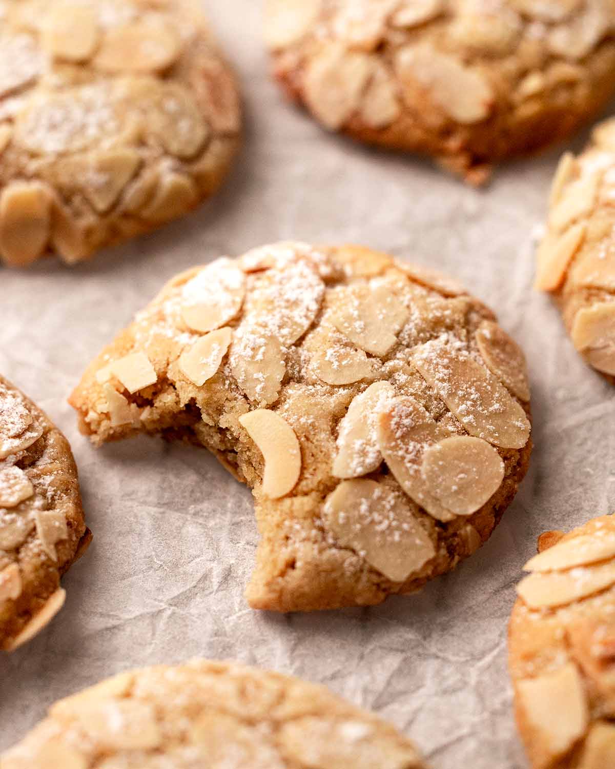 Close up of almond cookies, with a bite taken out of one cookie showing rich texture.