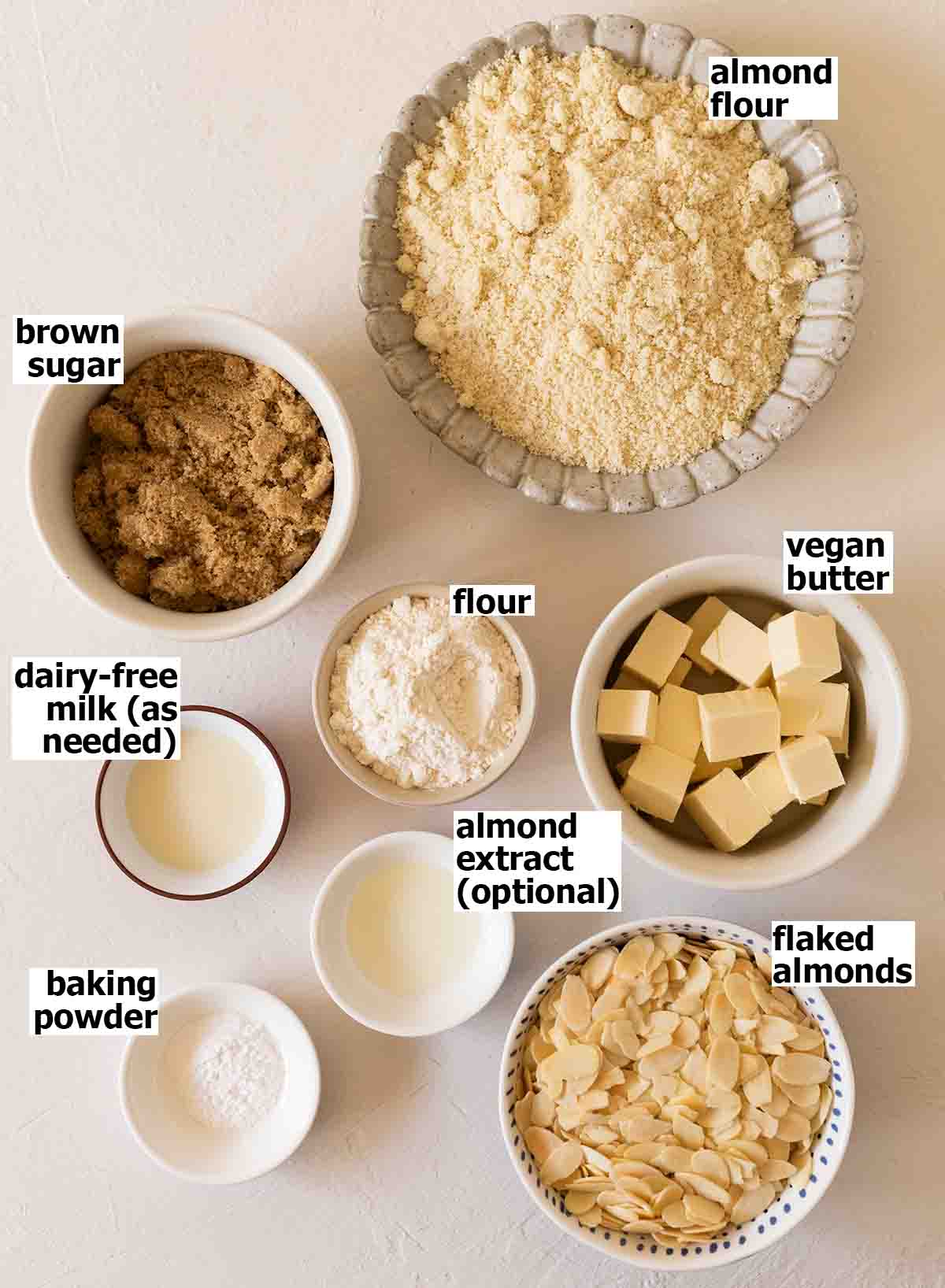 Flat-lay of ingredients for almond cookies.