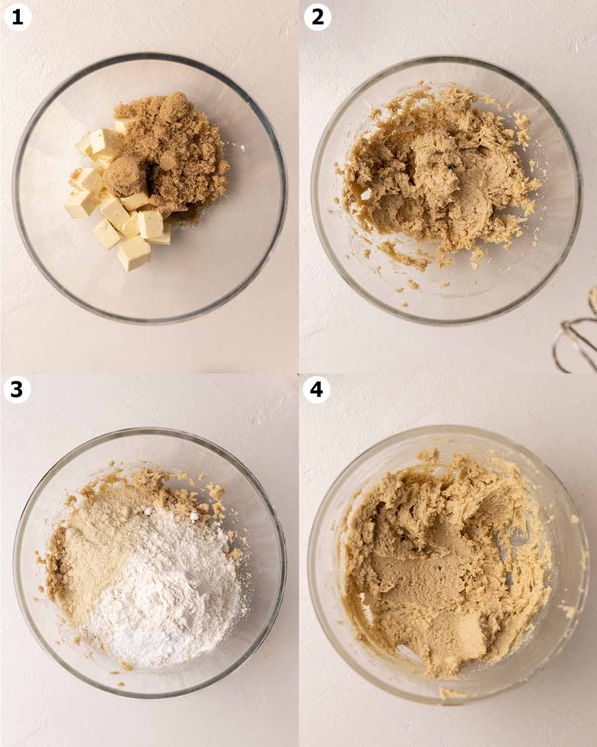 Four image collage showing how to prepare the cookie dough in a bowl.