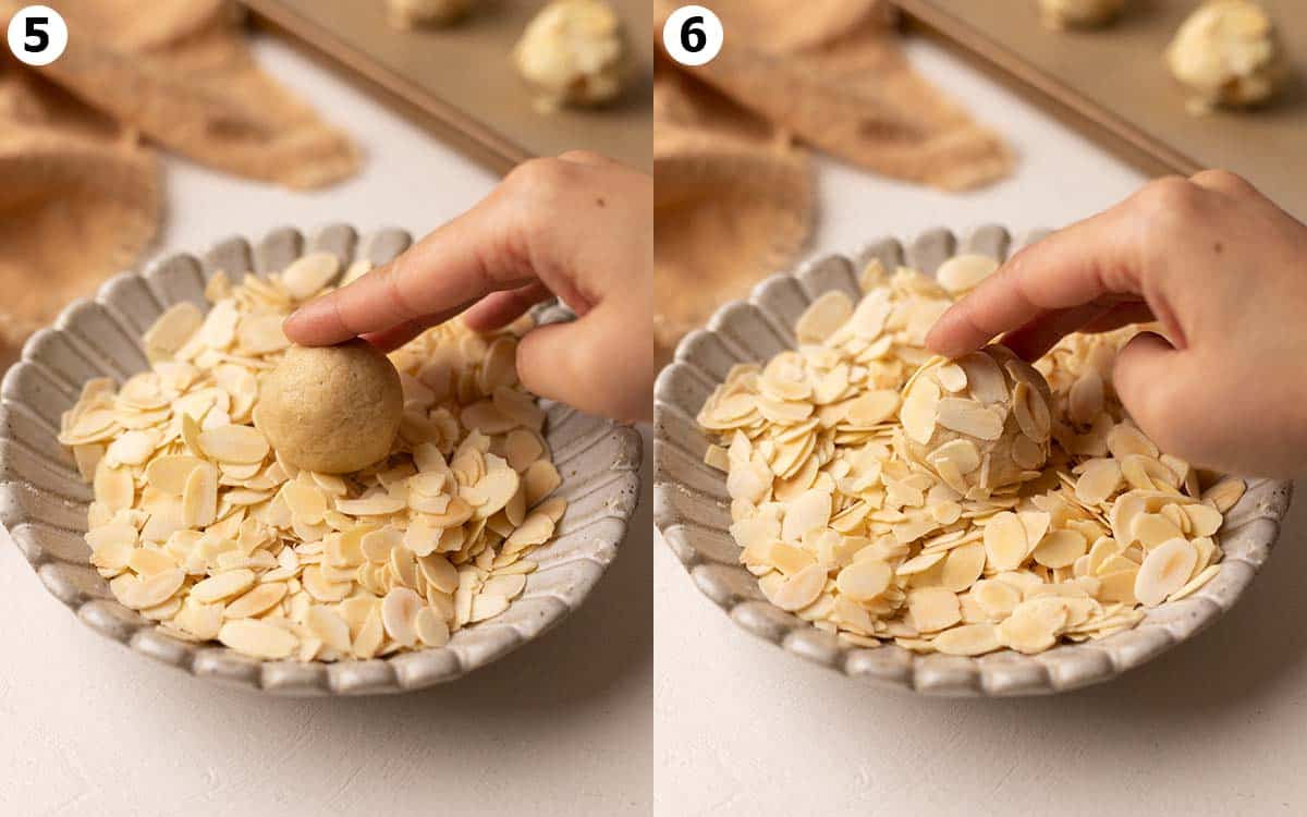 Two image collage of a hand rolling a cookie dough ball in flaked almonds.