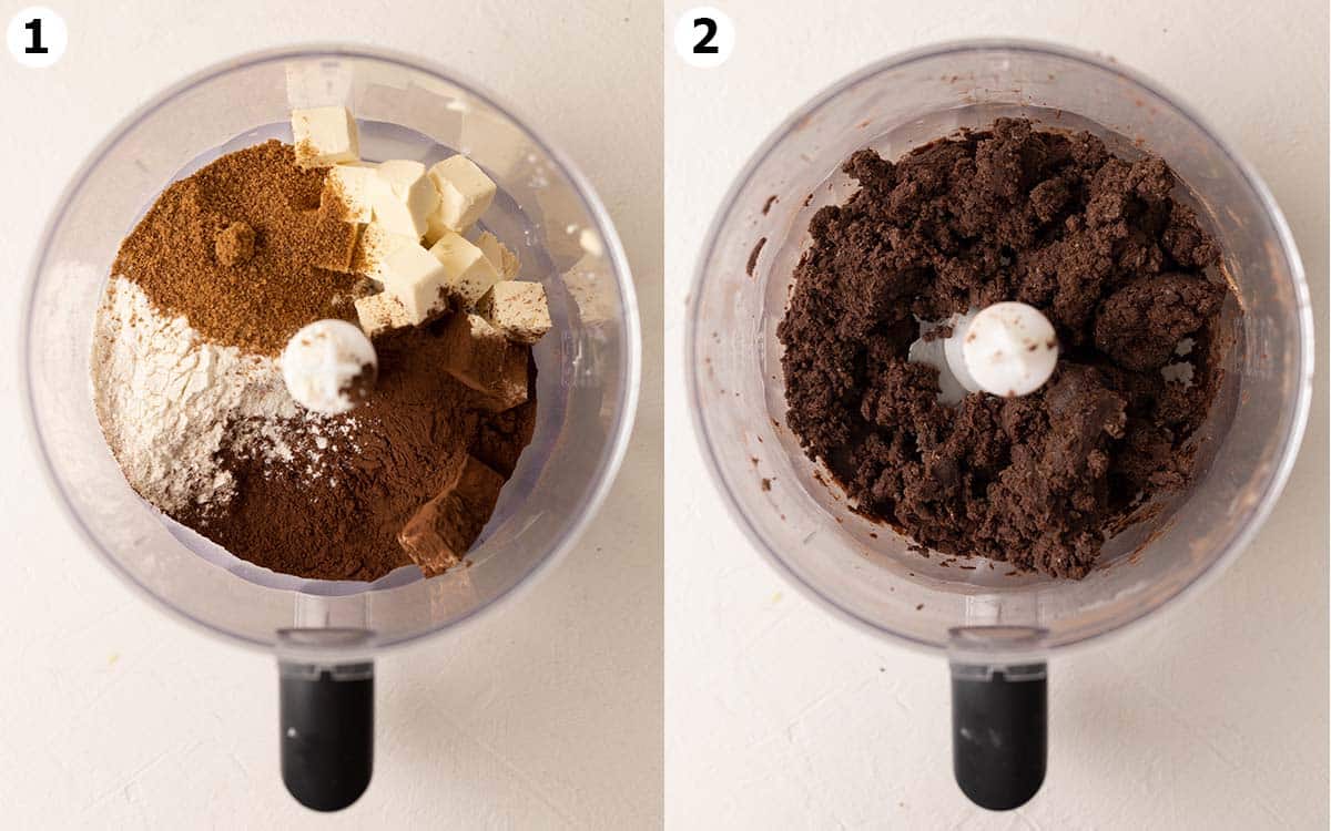 Two image collage showing how to prepare the pastry in a food processor.