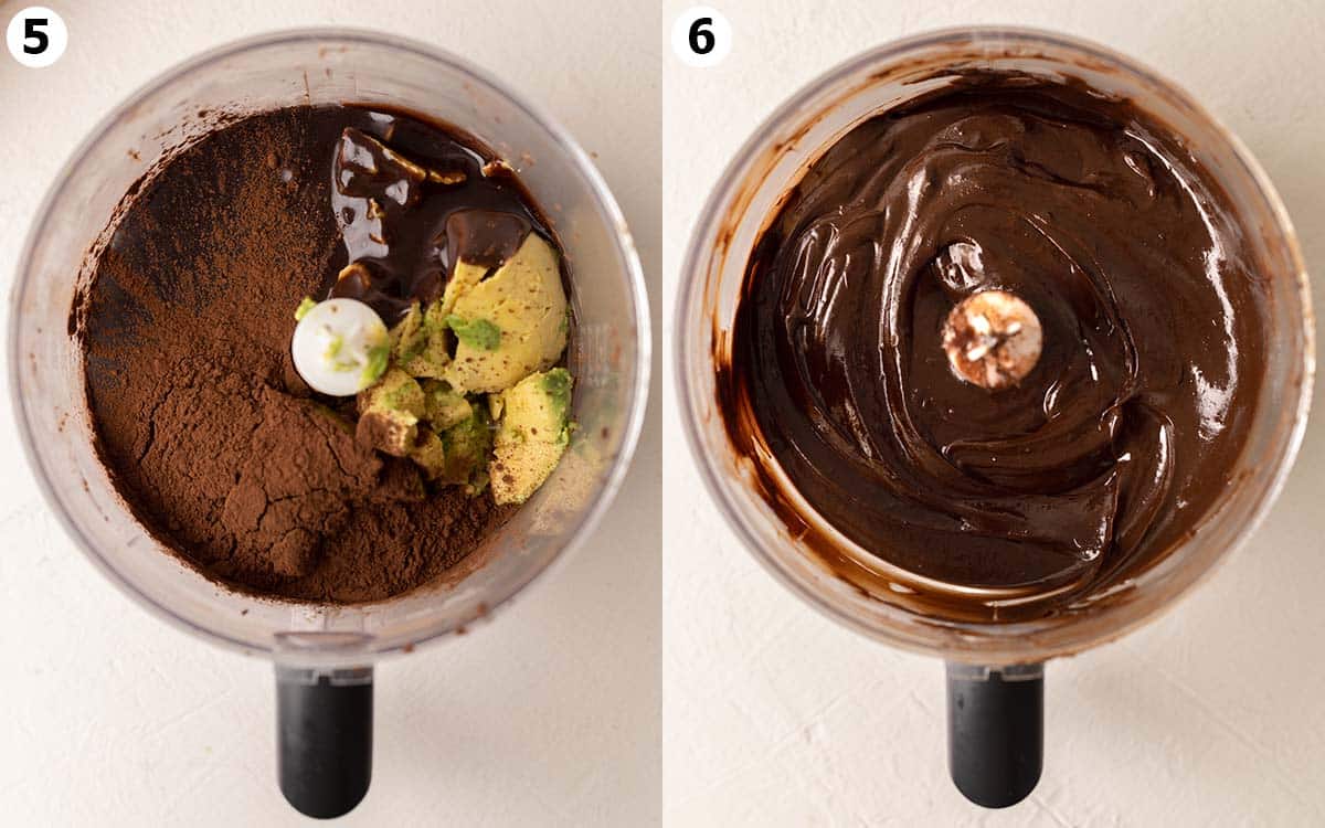 Two image collage of food processor, with avocado mousse ingredients and final mixture.