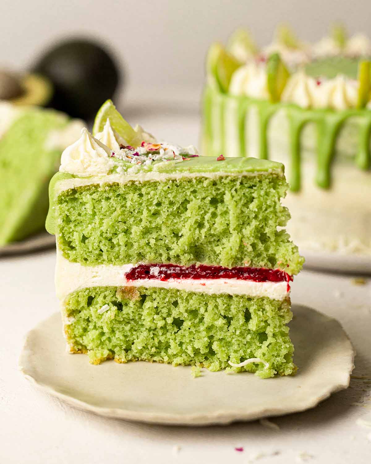 Slice of cake on plate showing distinct layers.