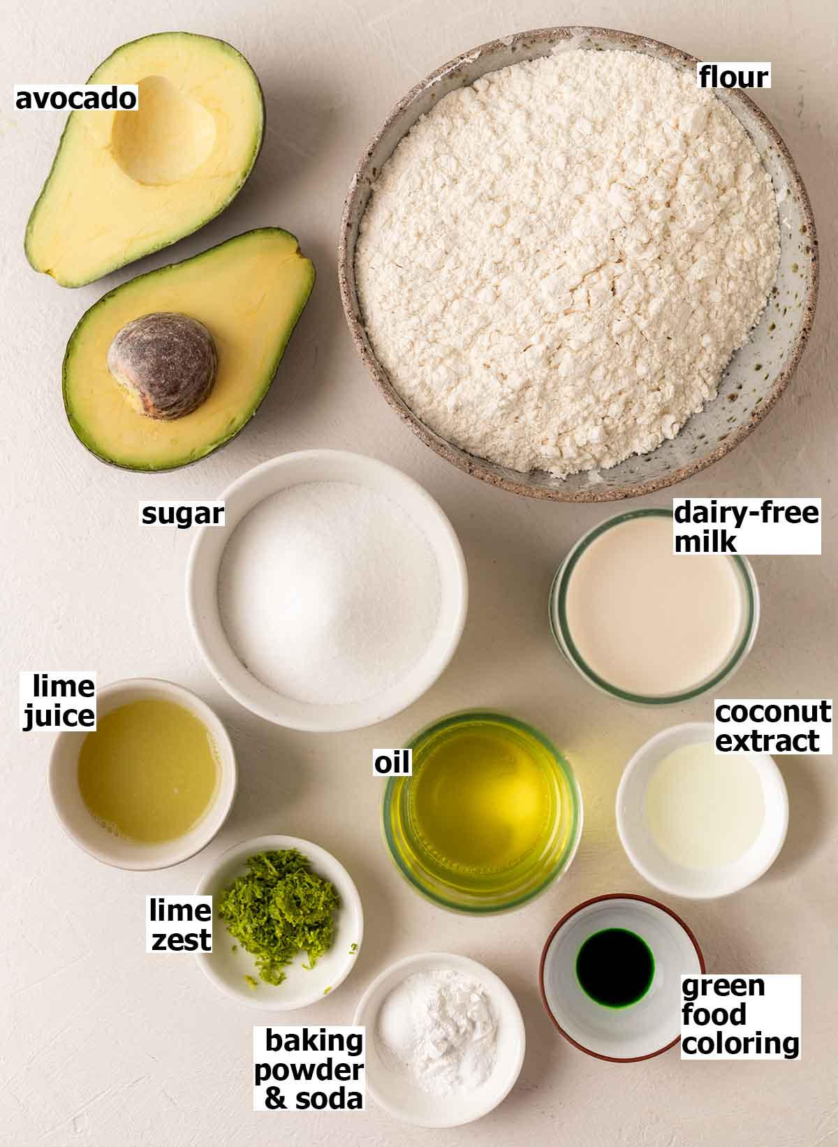 Flat-lay of ingredients for avocado lime coconut cake.