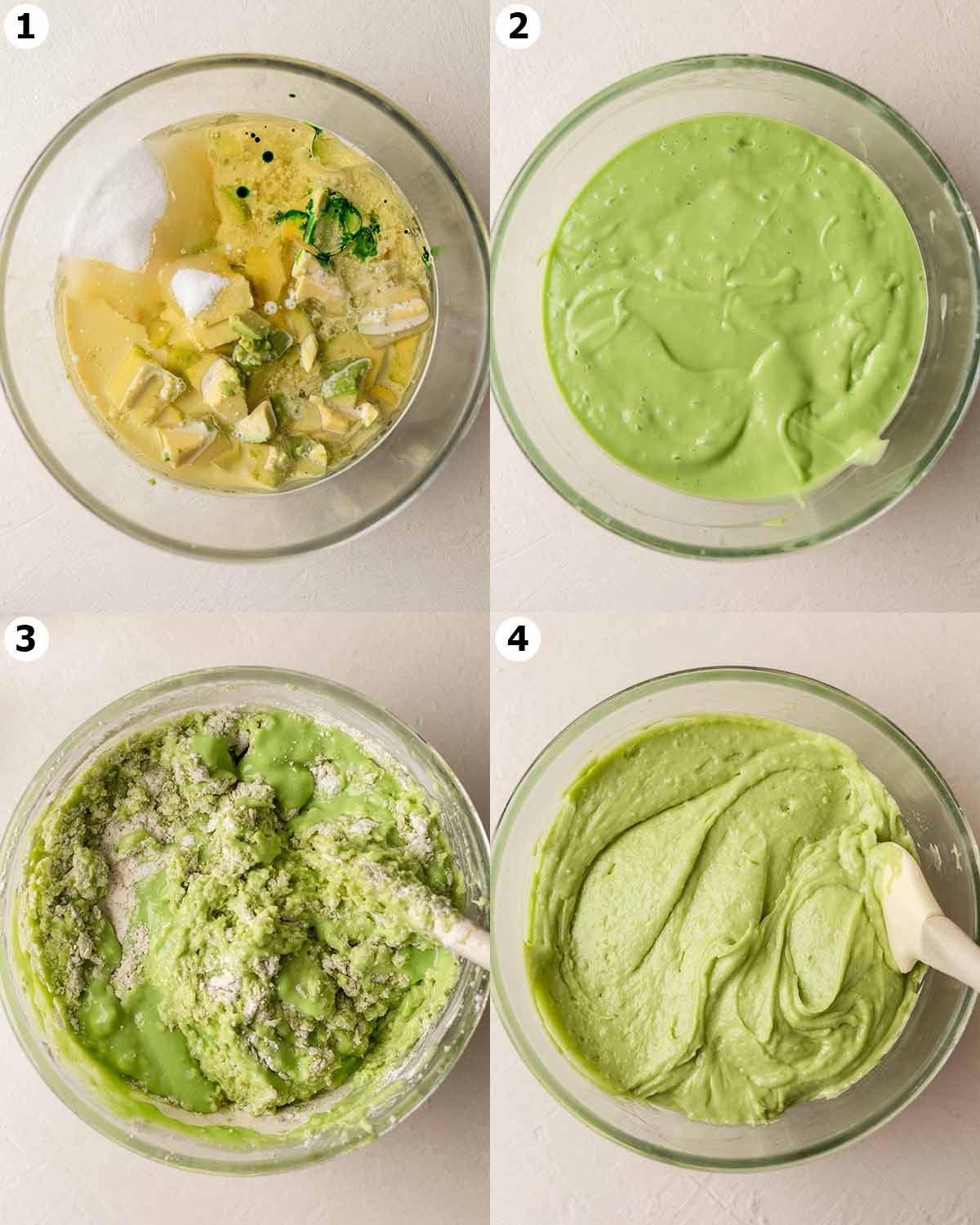 Four image collage showing how to make batter in one bowl.