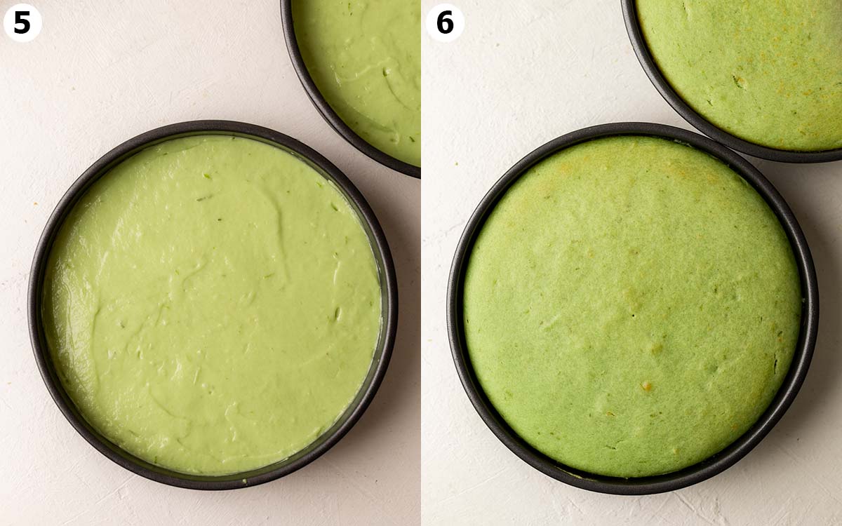 Two image collage showing before and after green cake has been baked.