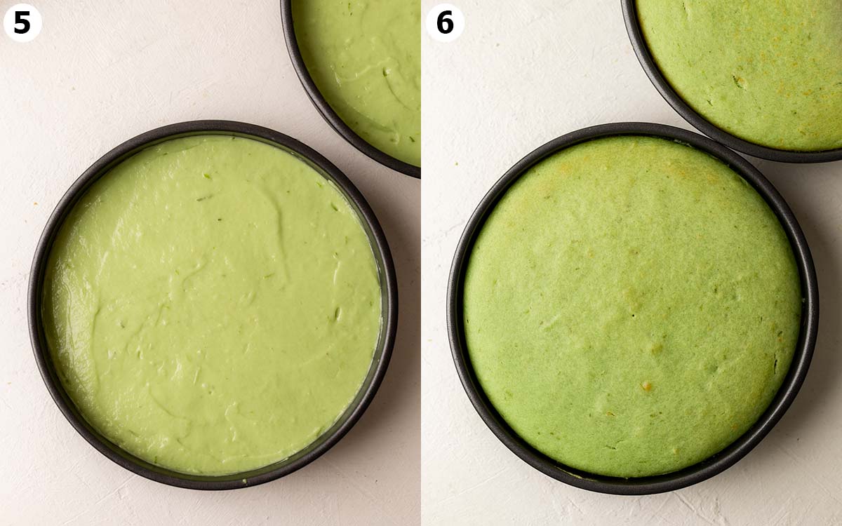 Two image collage showing before and after green cake has been baked.