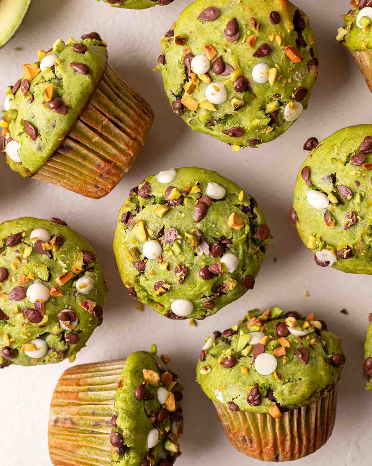 Overhead image of avocado muffins.