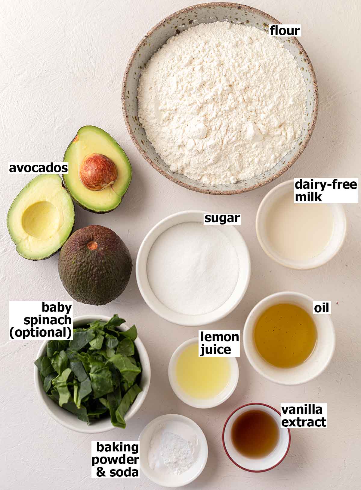 Flat-lay of ingredients for avocado muffins