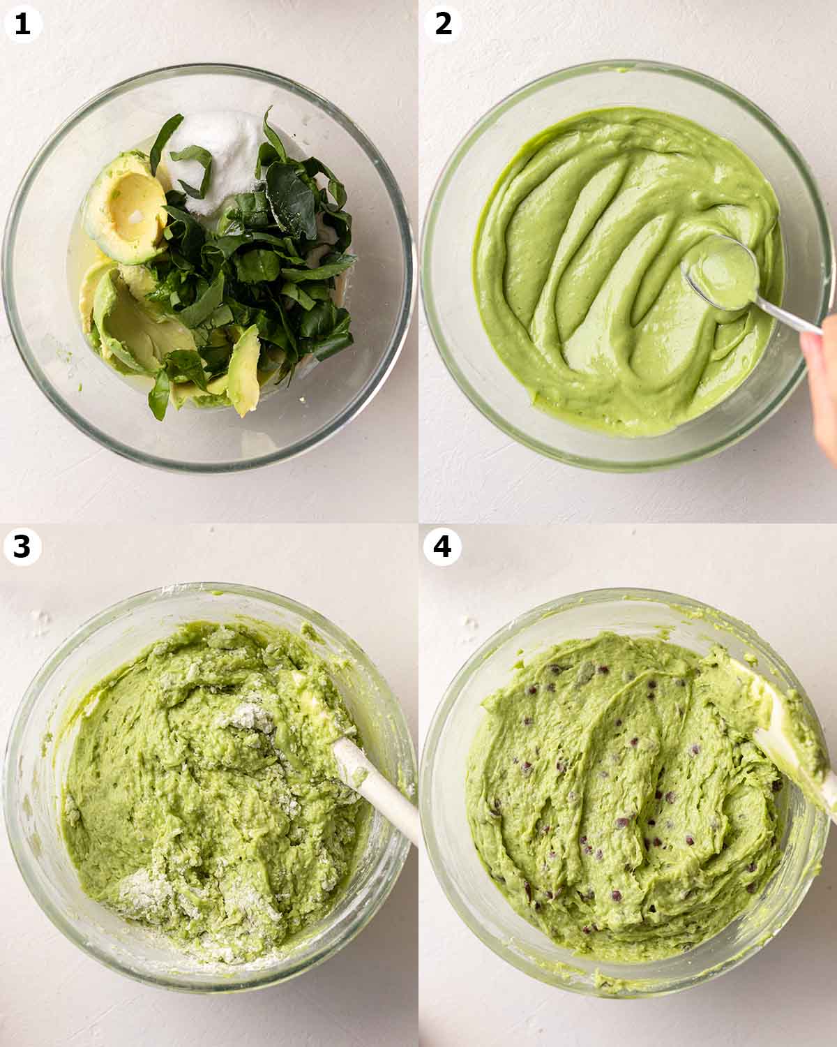 Four image collage showing how to prepare muffin batter in one bowl.