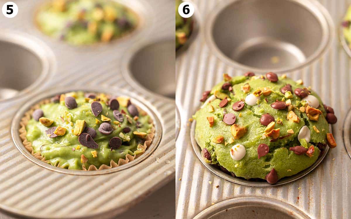 Two image collage showing muffin batter in tray with domed top and final baked muffins.