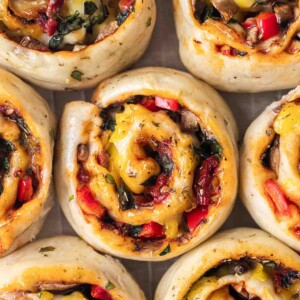 Close up of vegan pizza rolls.