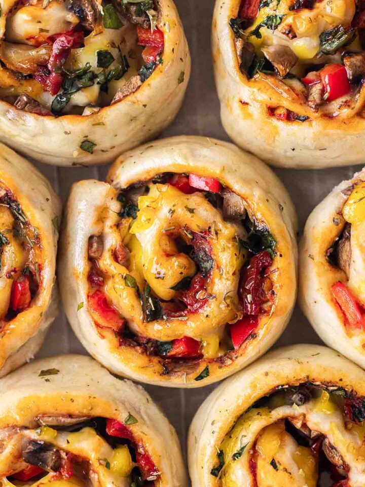 Close up of vegan pizza rolls.