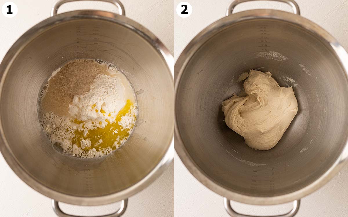 Two image collage showing dough ingredients and final dough in bowl of stand mixer.