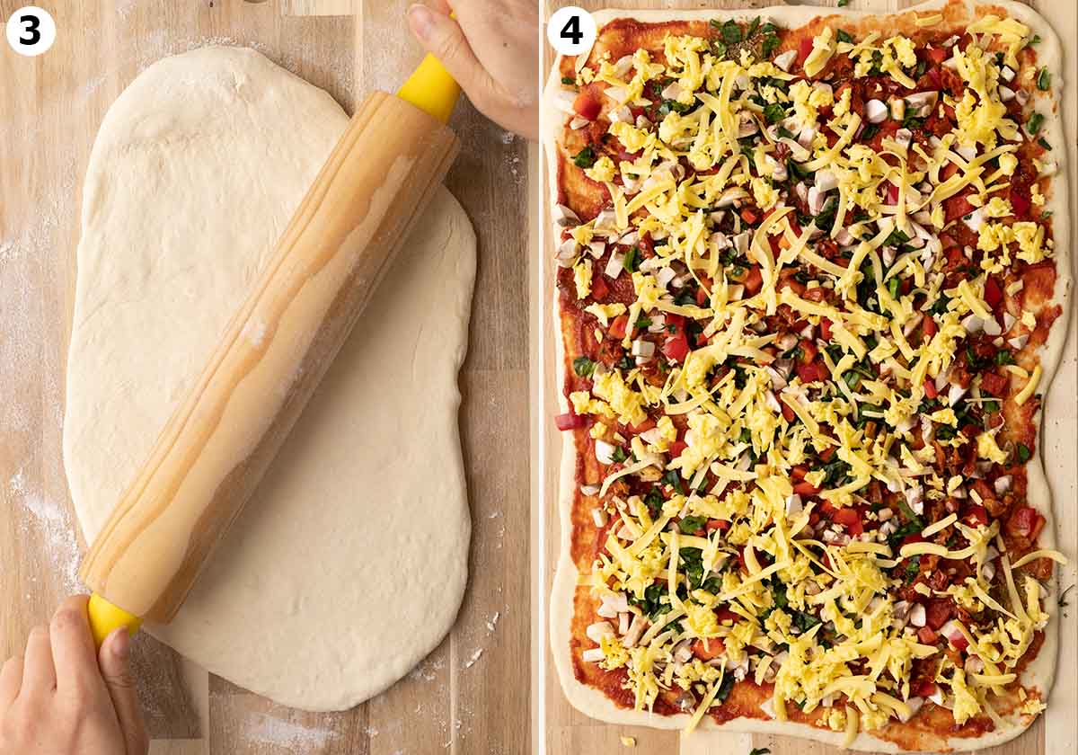Two image collage showing how to roll out the dough and dough with pizza toppings.