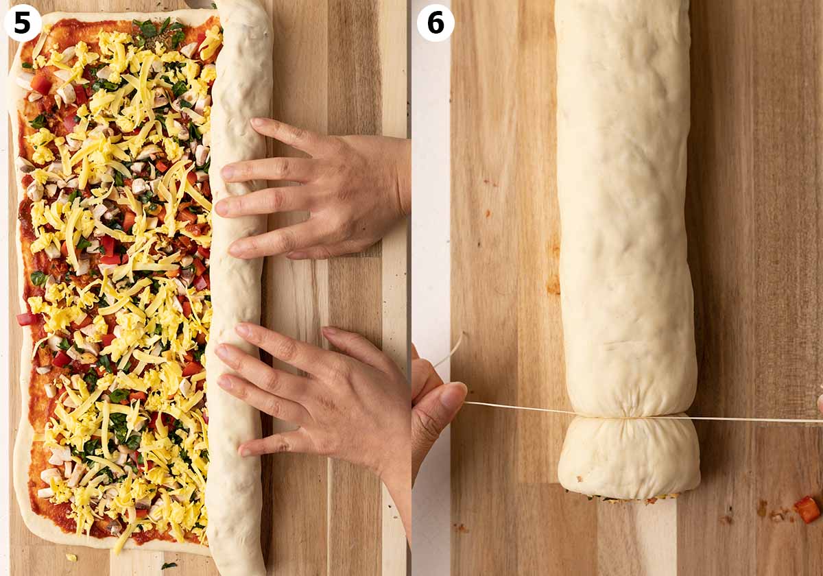 Two image collage showing hands rolling up pizza into a tube and the tub being cut with unflavored dental floss.