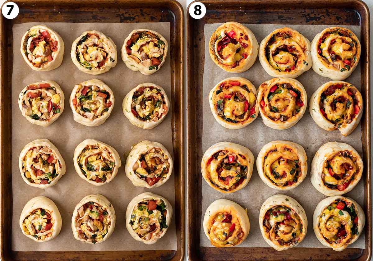 Two image collage of pizza rolls on baking tray, before and after they're baked.
