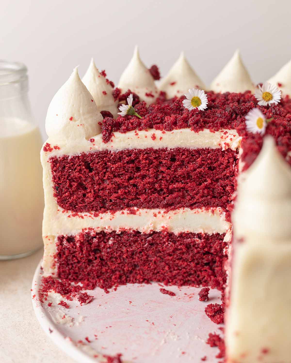 Close up of layers inside red velvet cake with contrasting deep red colored cake and cream cheese frosting.