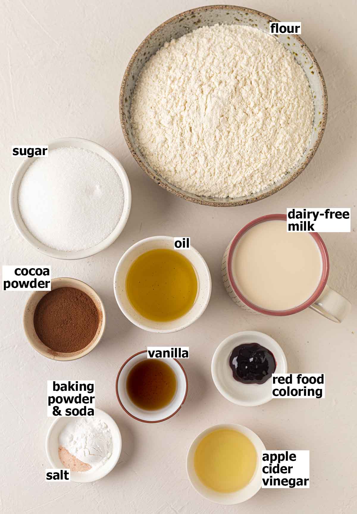 Flat-lay of ingredients for red velvet cake.