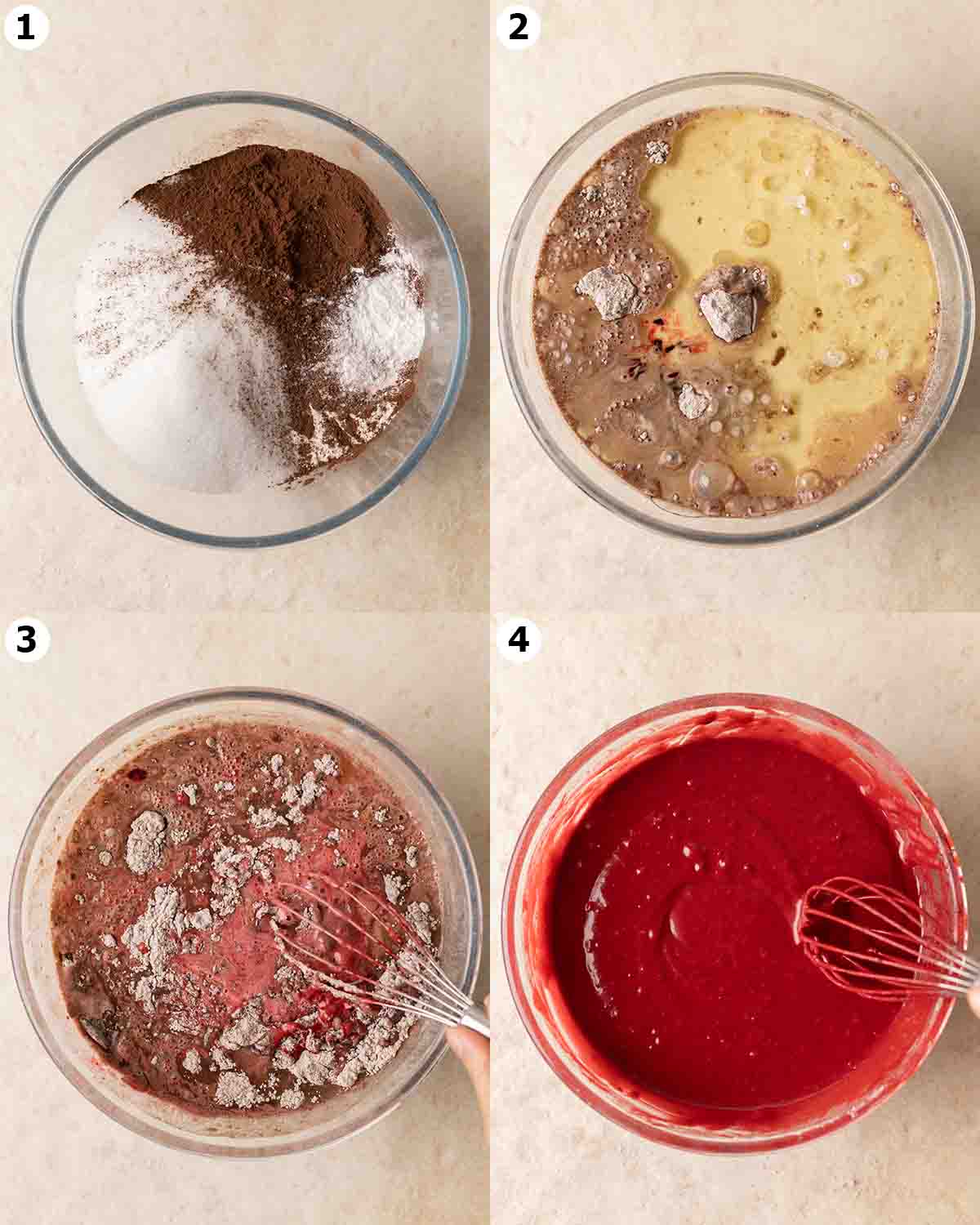 Four image collage showing how to make the cake batter in one bowl.