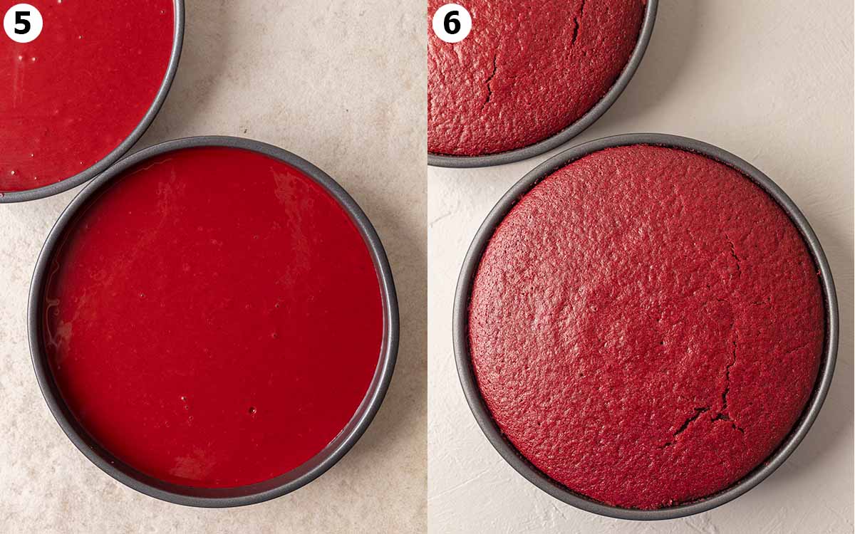 Two image collage showing before and after cake in cake tin is baked.