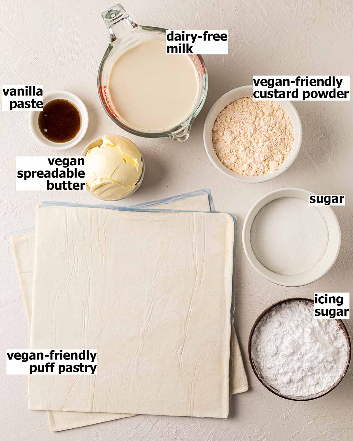 Flat-lay of vegan-friendly ingredients for vanilla slice.