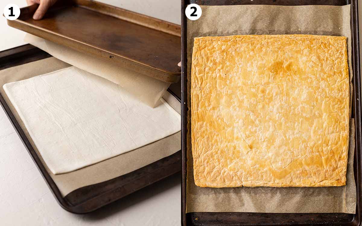 Two image collage showing how to bake the puff pastry between two baking sheets and pastry after baking.
