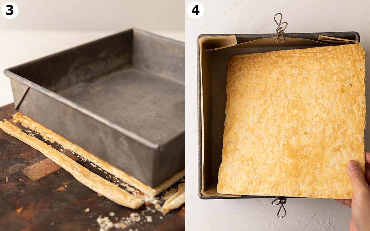 Two image collage showing how to trim the puff pastry for the vanilla slice and placing the pastry in the square baking pan.