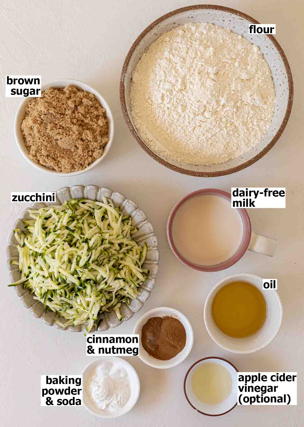 Flat-lay of ingredients for zucchini muffins.