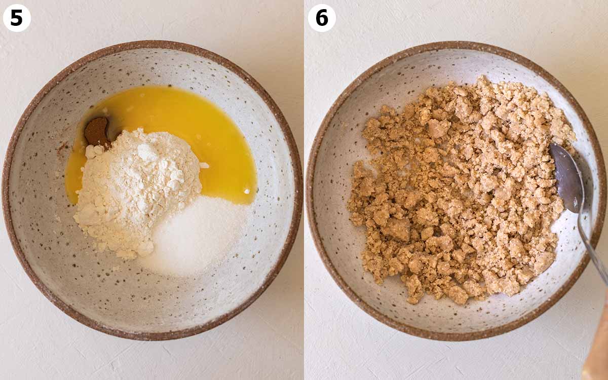 Two image collage showing how to make the crumble topping.