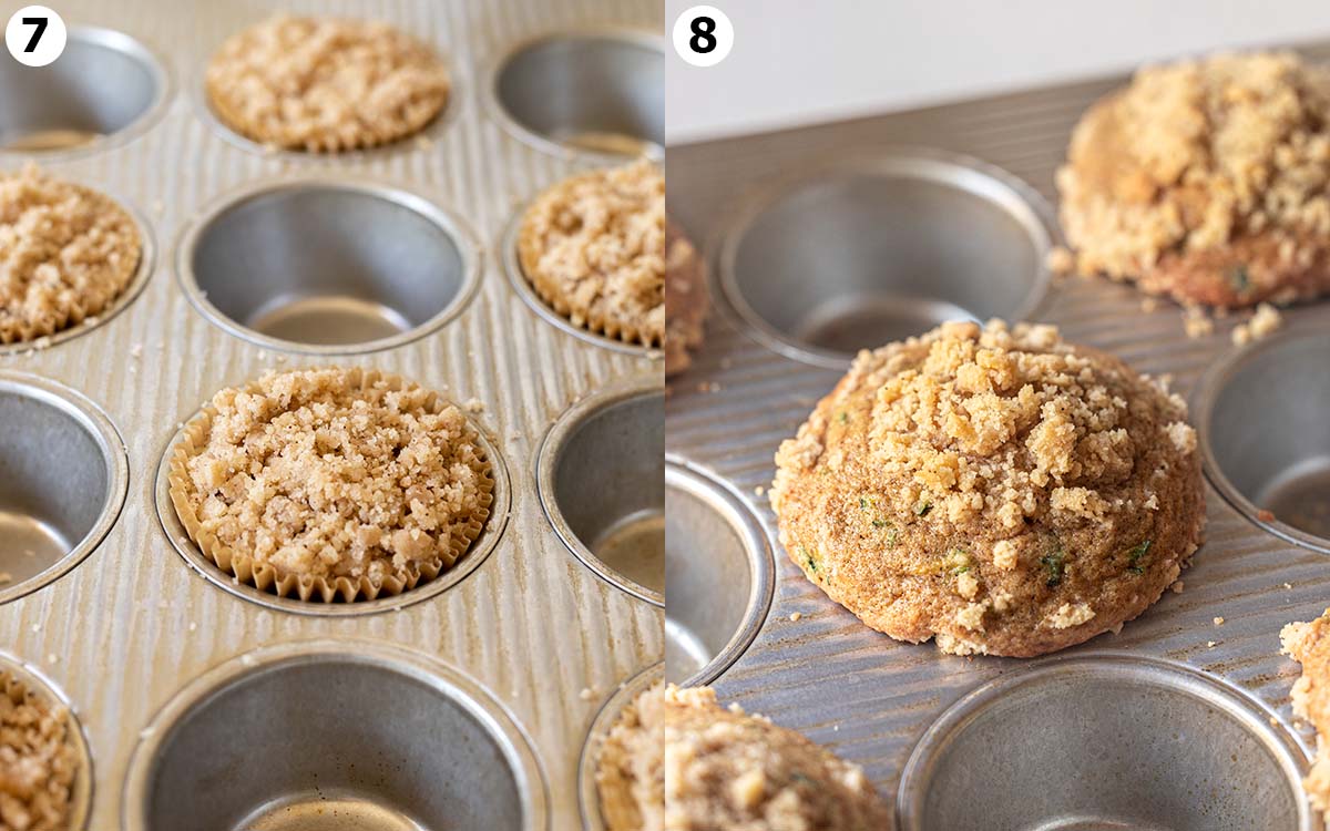 Two image collage of muffin pan showing before and after muffins have been baked. Muffins are spaced apart in pan.