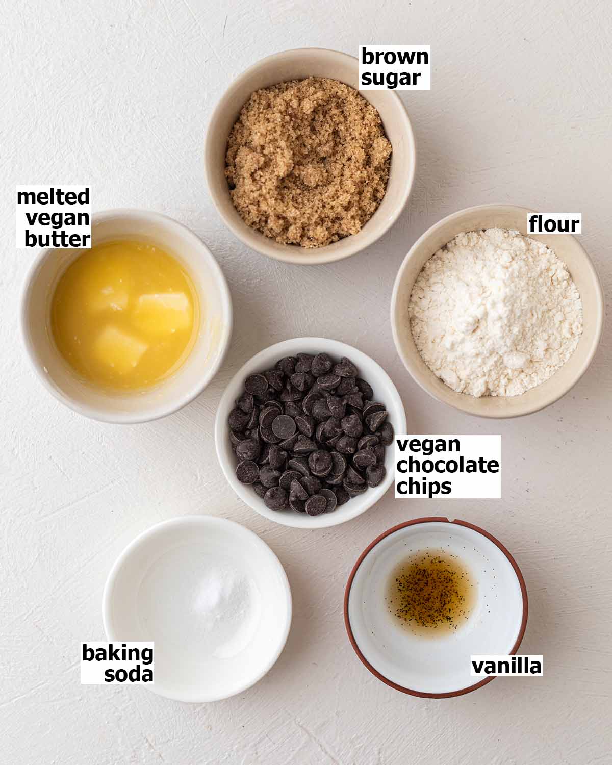 Flat-lay of 6 ingredients for the cookie.