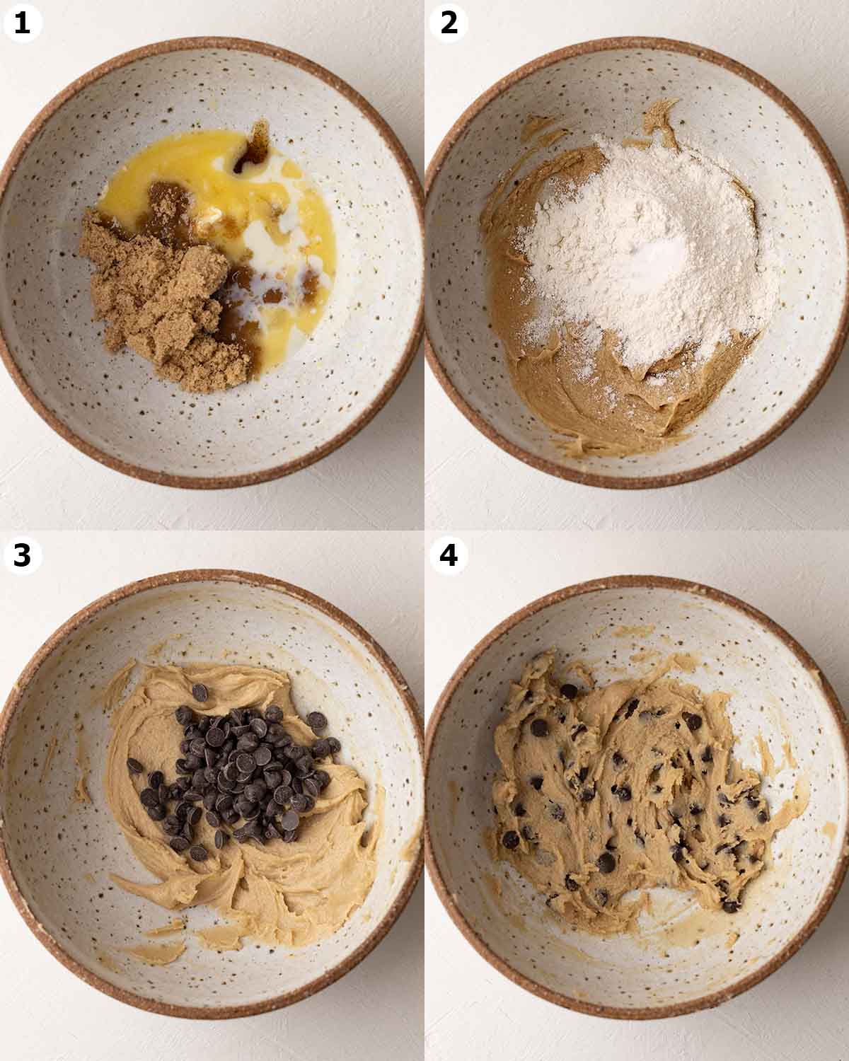 Four image collage of small mixing bowl with cookie ingredients being mixed.