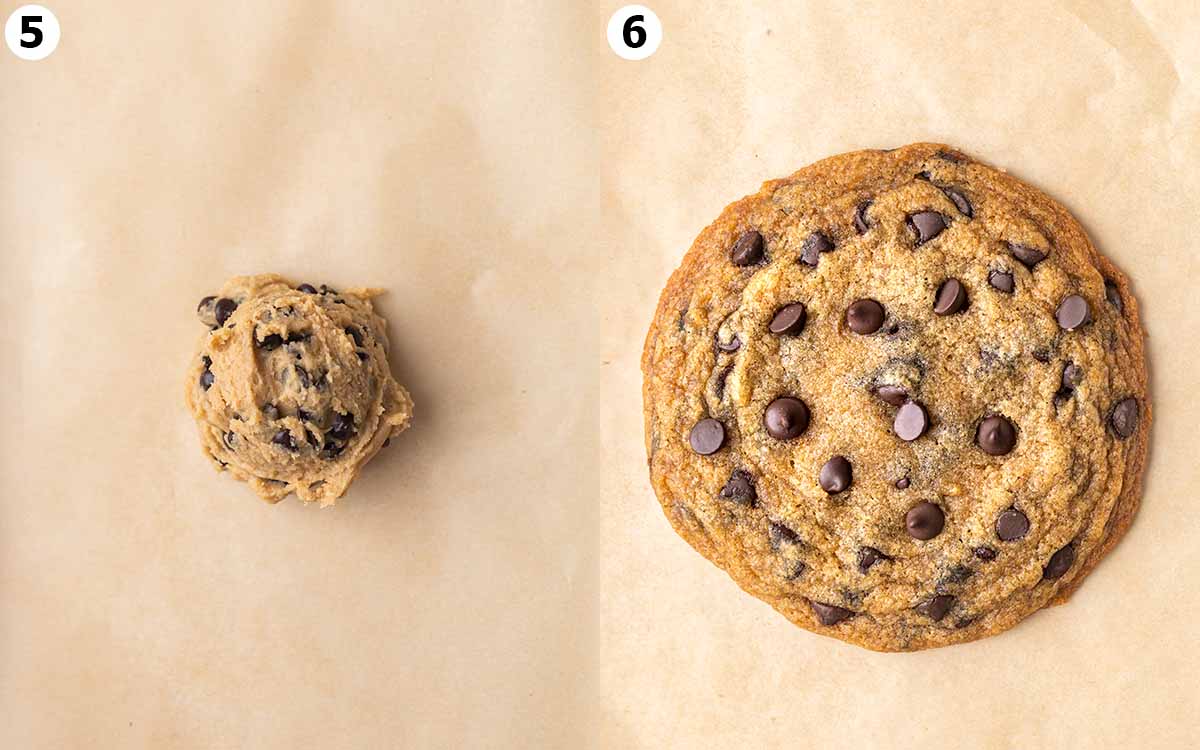 Two image collage of before and after cookie dough on parchment paper is baked.