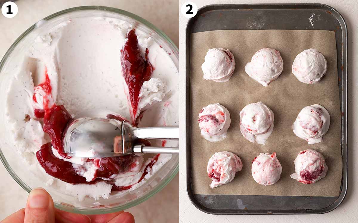 Two image collage of ice cream scoop scooping vanilla ice cream swirled with strawberry jam and scoops arranged on lined baking tray.