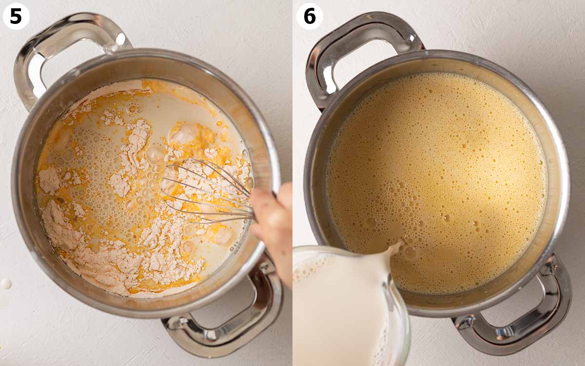 Two image collage showing the process for mixing the custard ingredients in a pot.