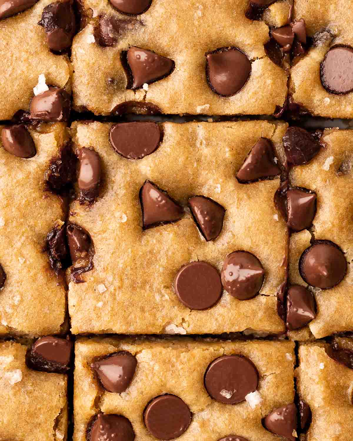Close up of top of chickpea blondies cut into bars.