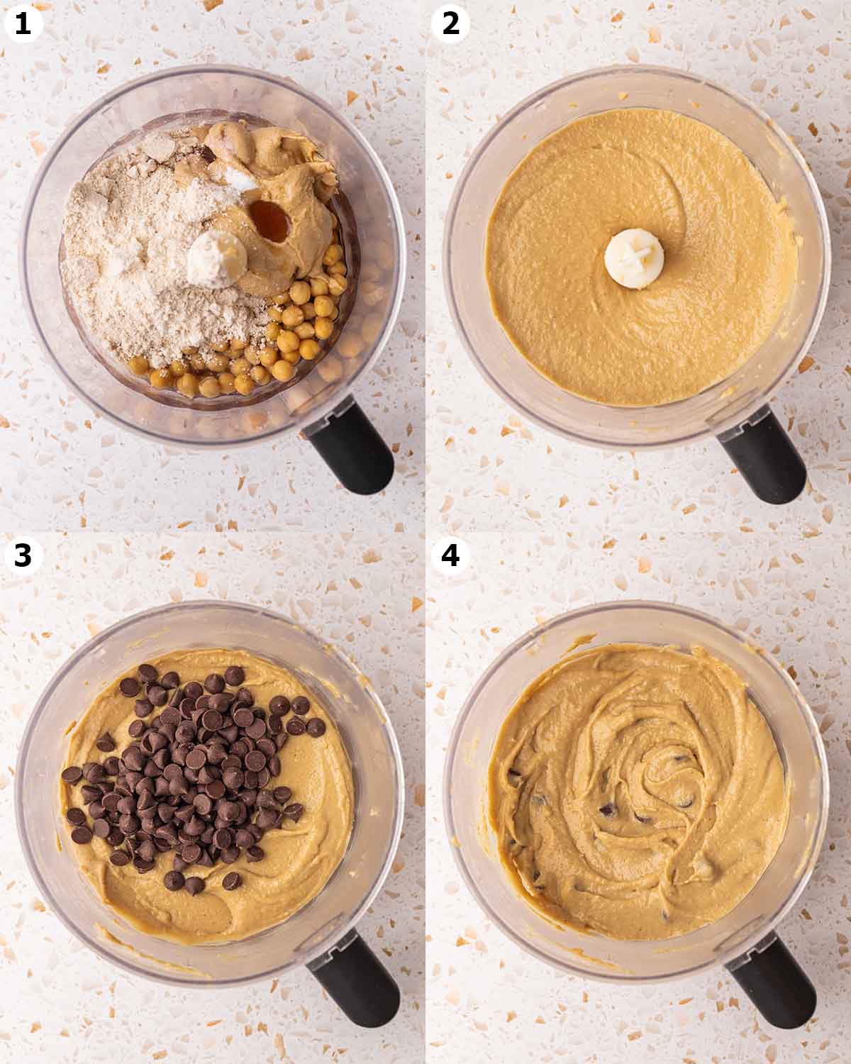 Four image collage of food processor showing the steps for blending and mixing the blondie batter.