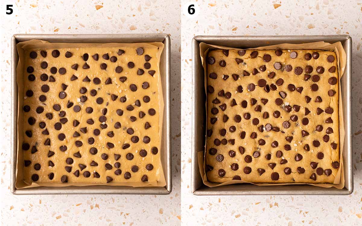 Two image collage of chickpea blondies in square baking tray, before and after baking.