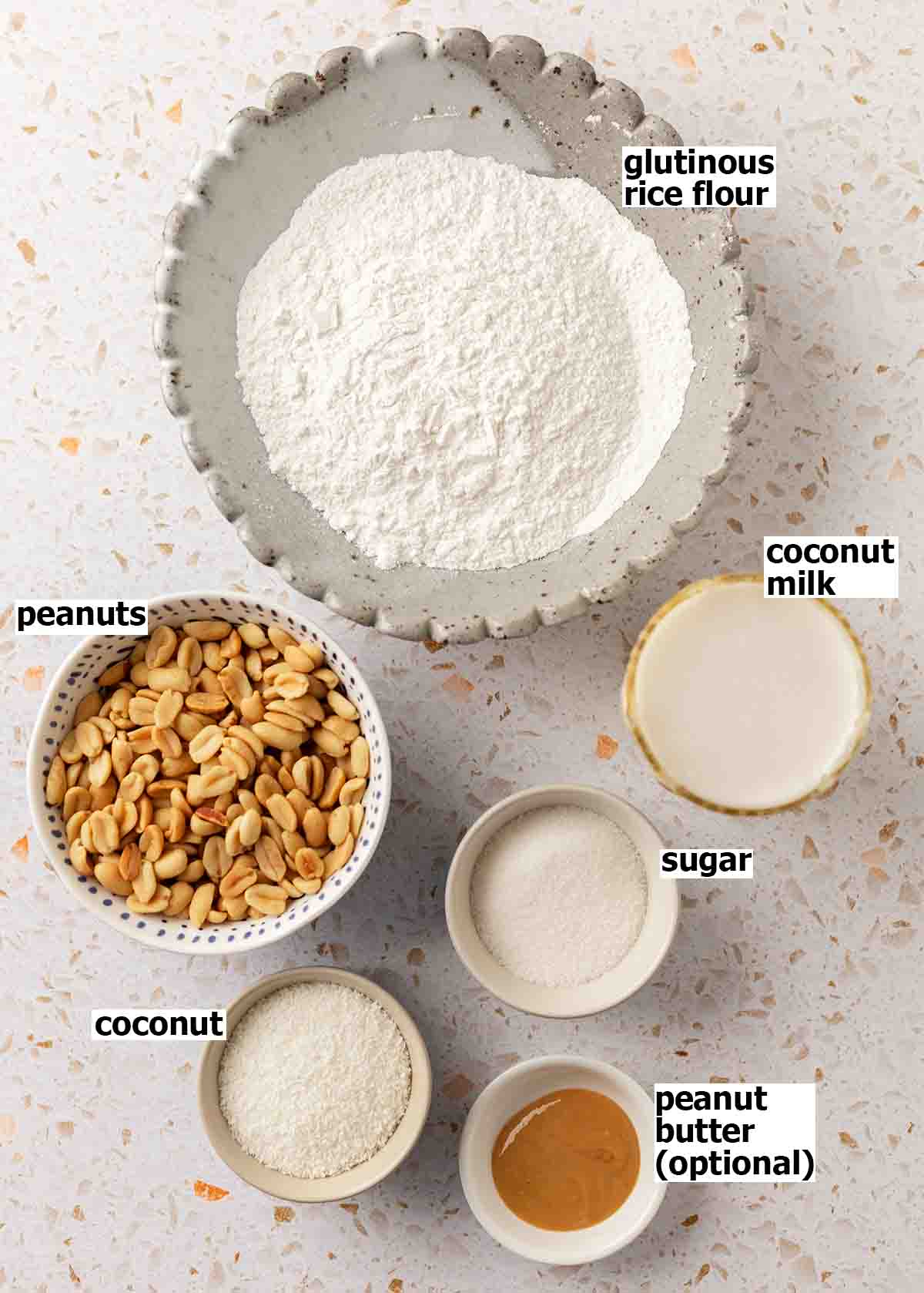 Flat-lay of ingredients for lo mai chi (coconut peanut mochi).