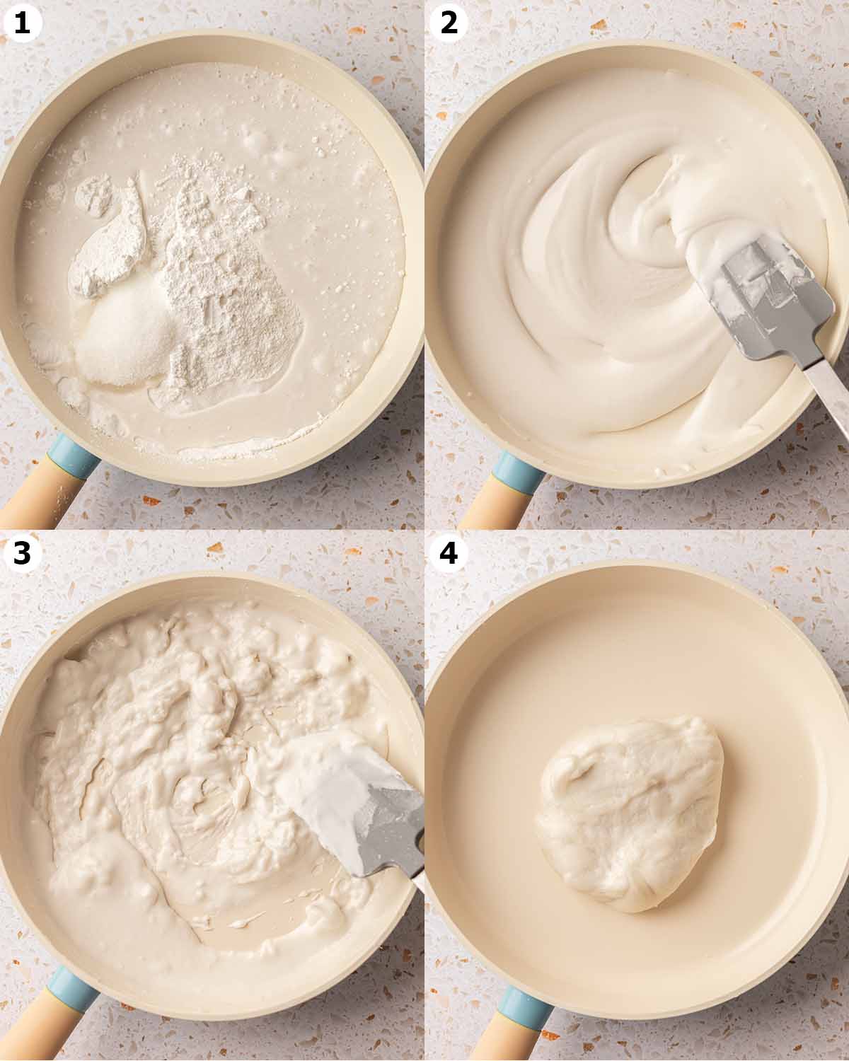 Four image collage of saucepan showing process of cooking the mochi dough.