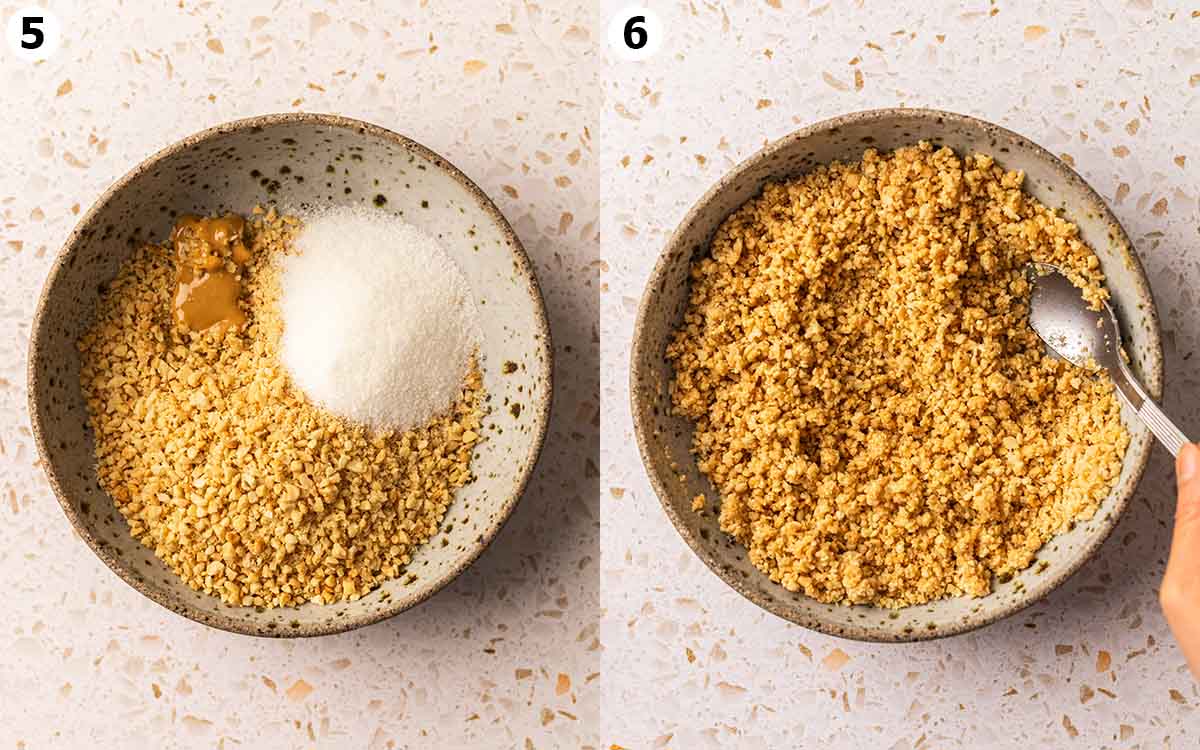 Two image collage of ingredients for filling in bowl and final filling.