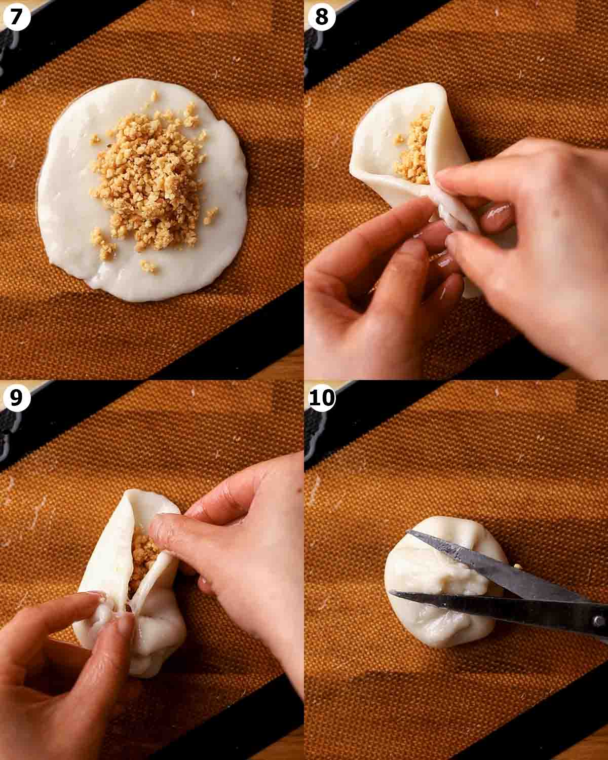 Four image collage of hands wrapping mochi dough around peanut filling and showing the final shaped mochi.