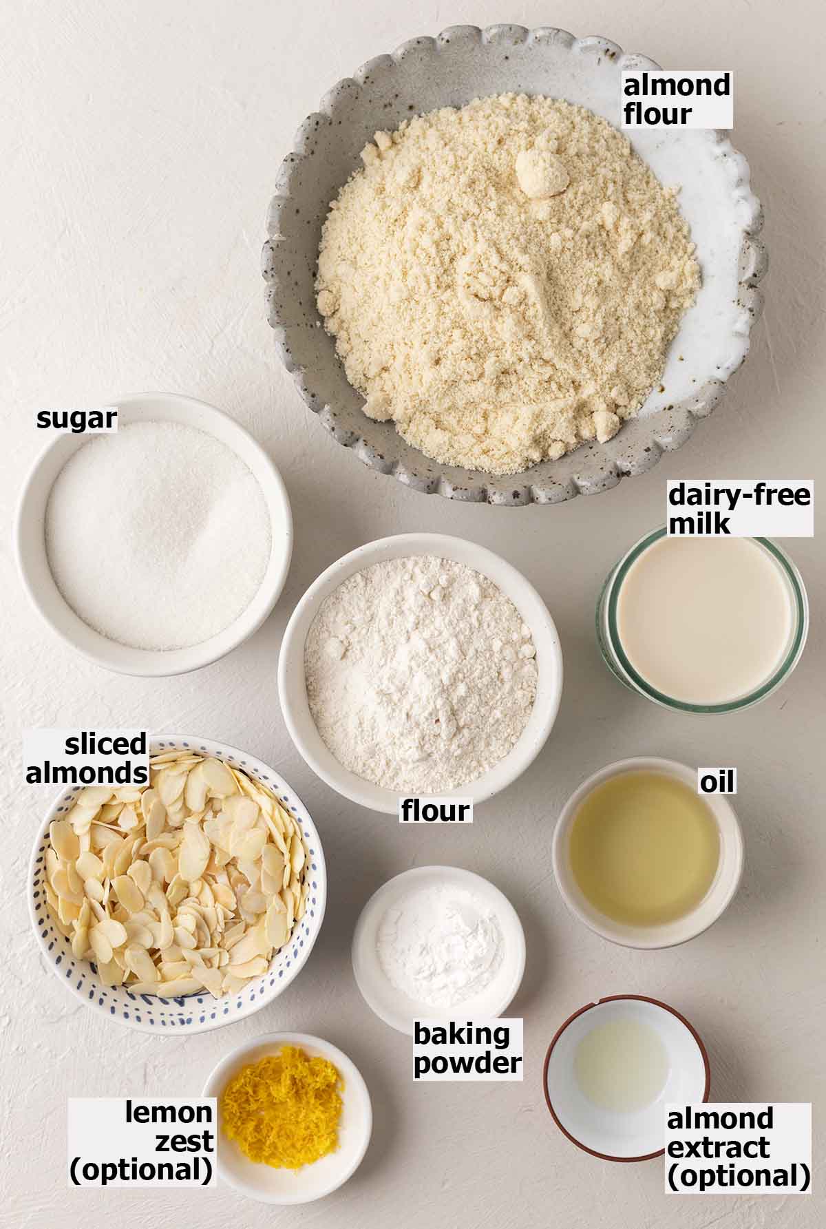 Flat-lay of ingredients for vegan almond cake.