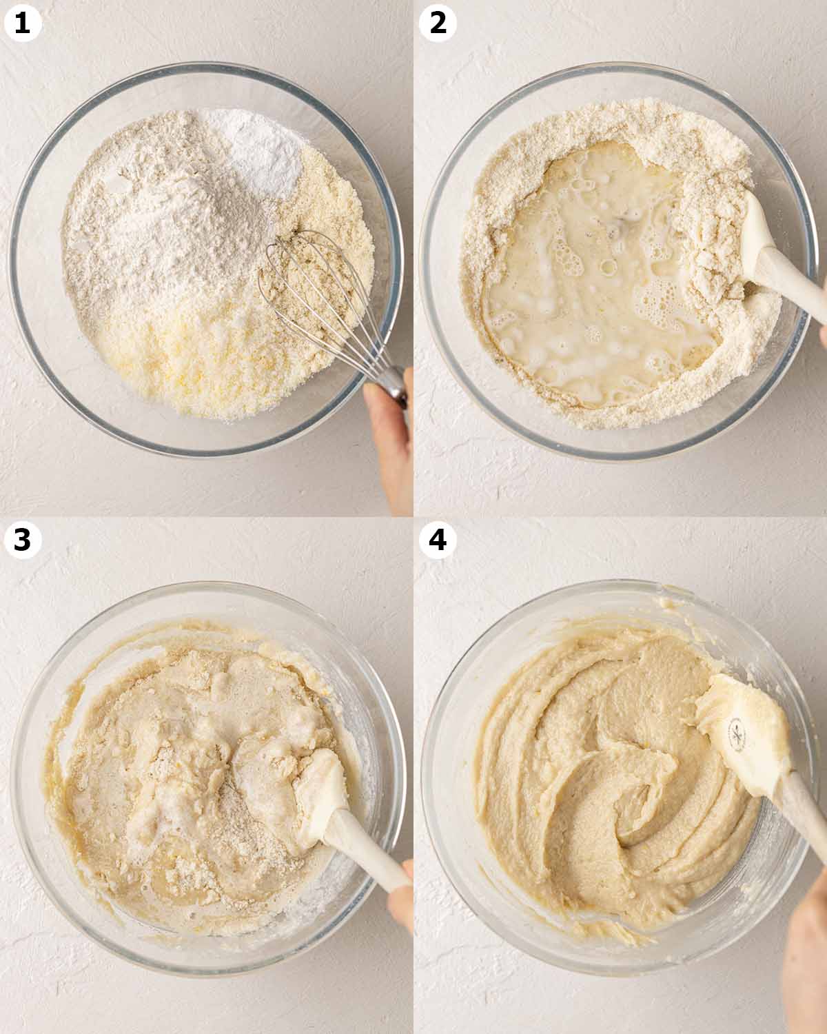 Four image collage showing how to prepare the batter for the almond cake in one mixing bowl.