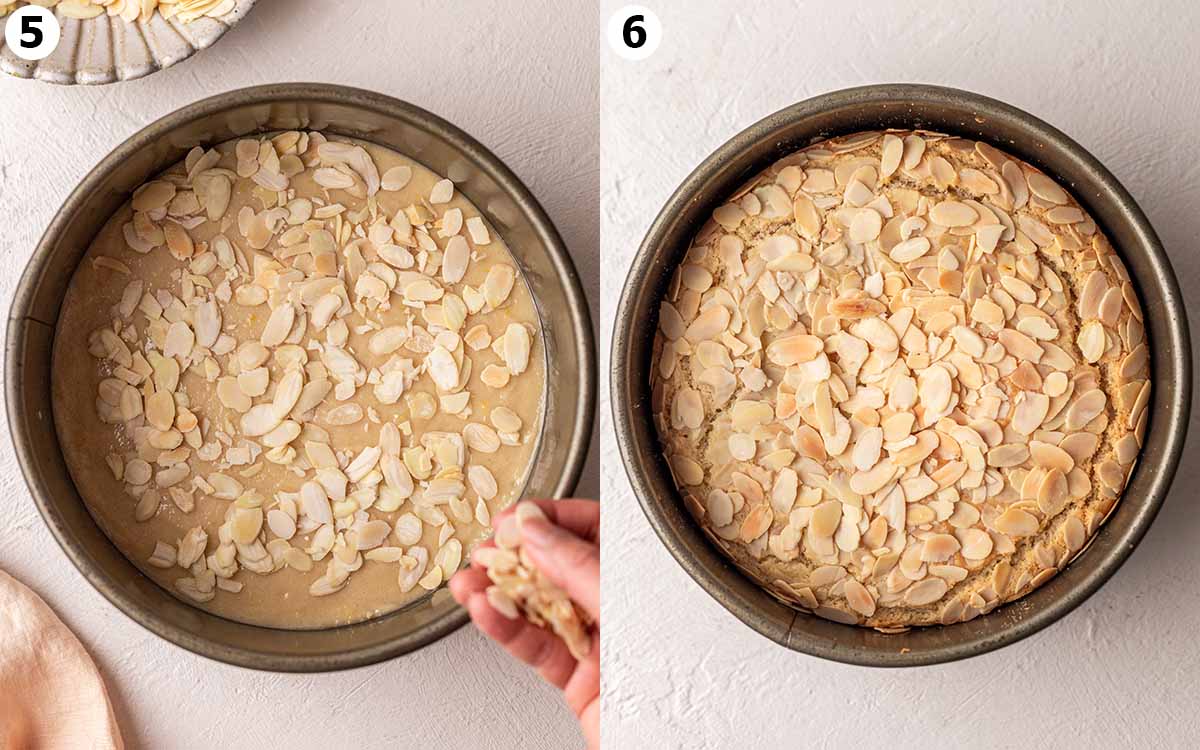 Vegan almond cake in cake pan before and after baking.