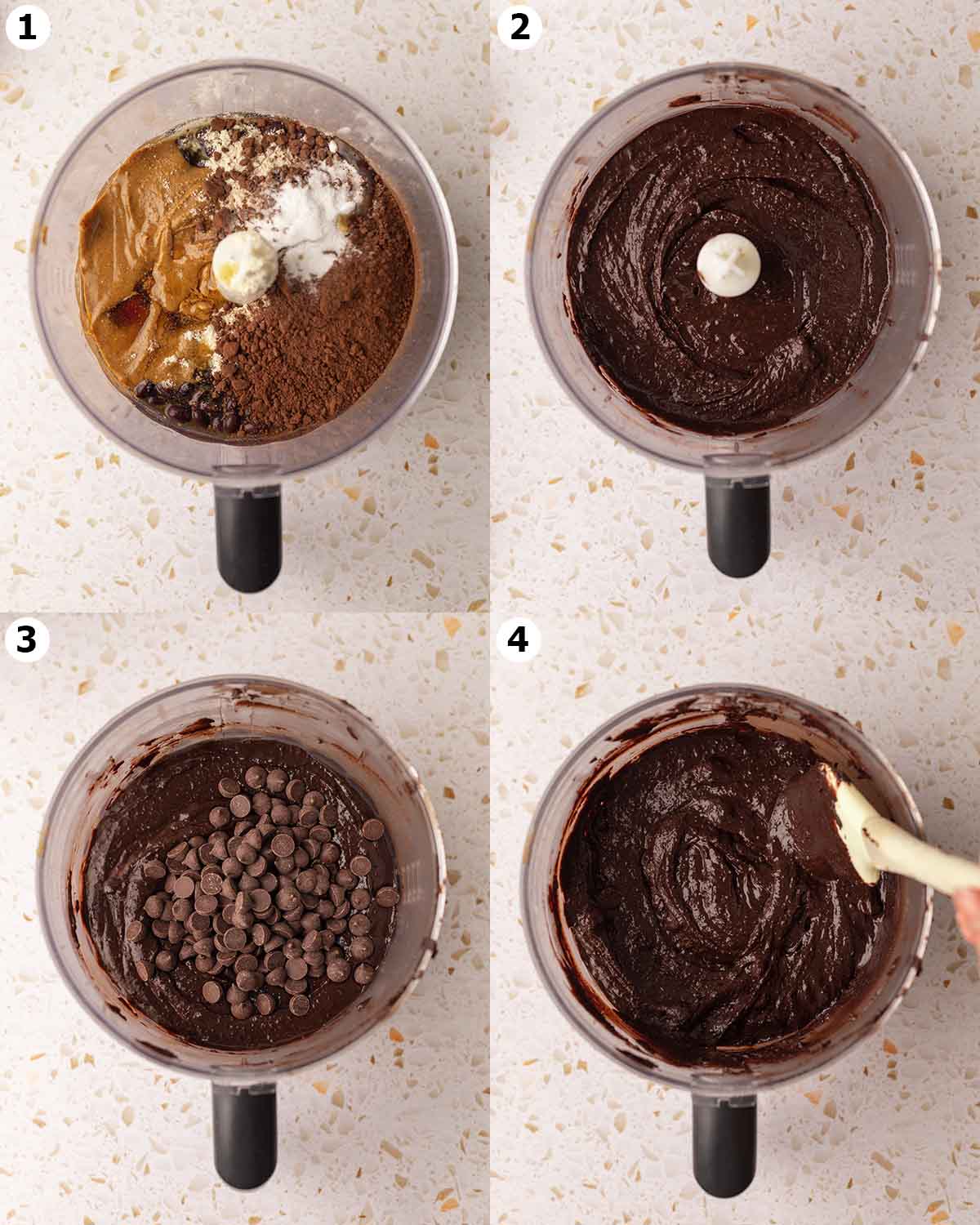 Four image collage showing the steps for making the brownie batter in a food processor.